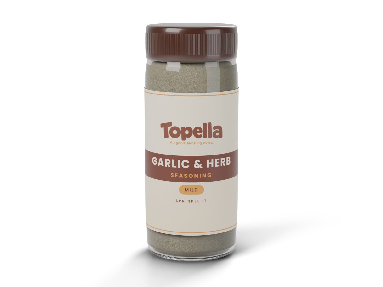 3D render of a shaker bottle of Topella Garlic & Herb Seasoning