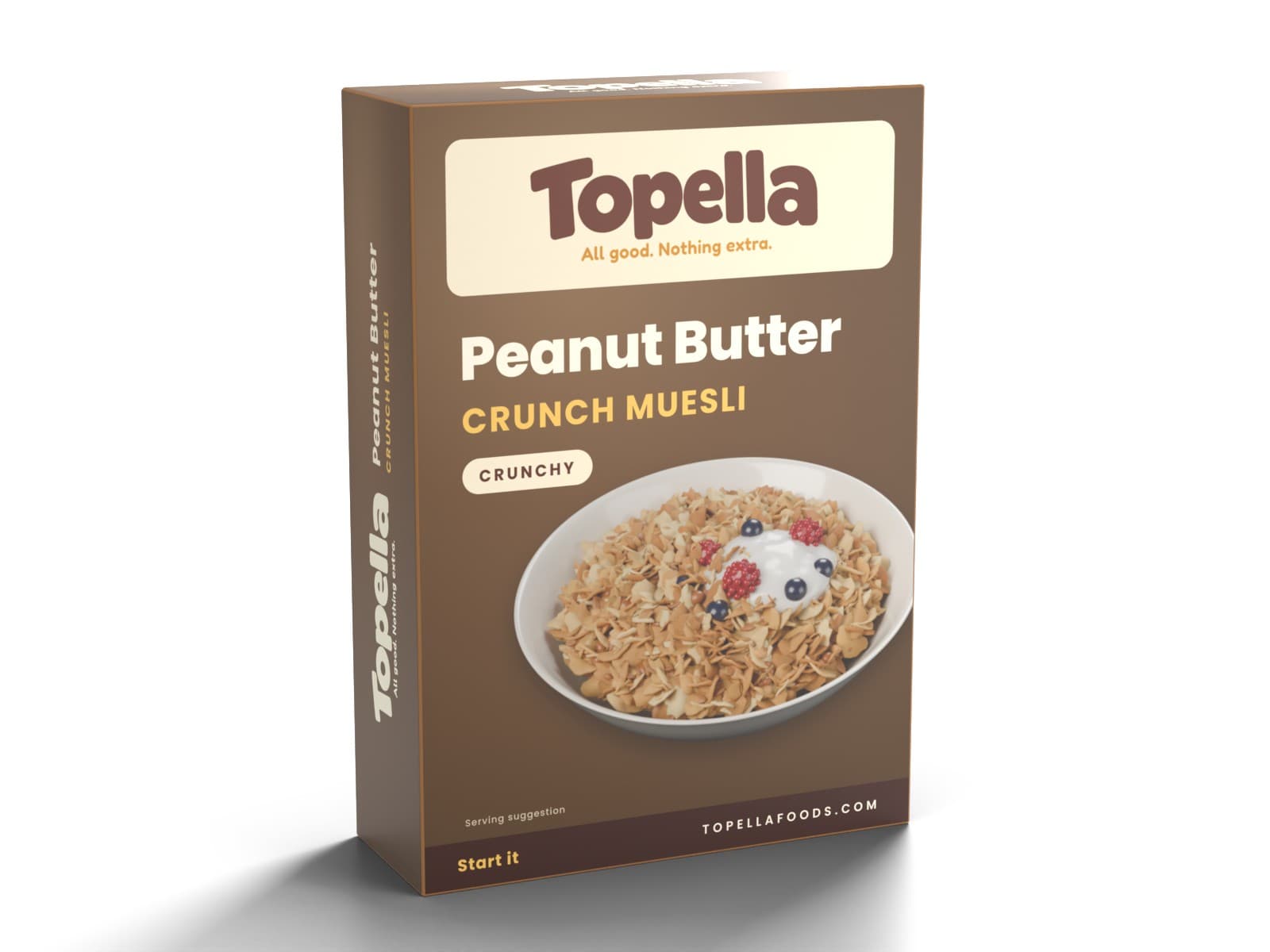 3D render of a box of Topella Peanut Butter Crunch Muesli