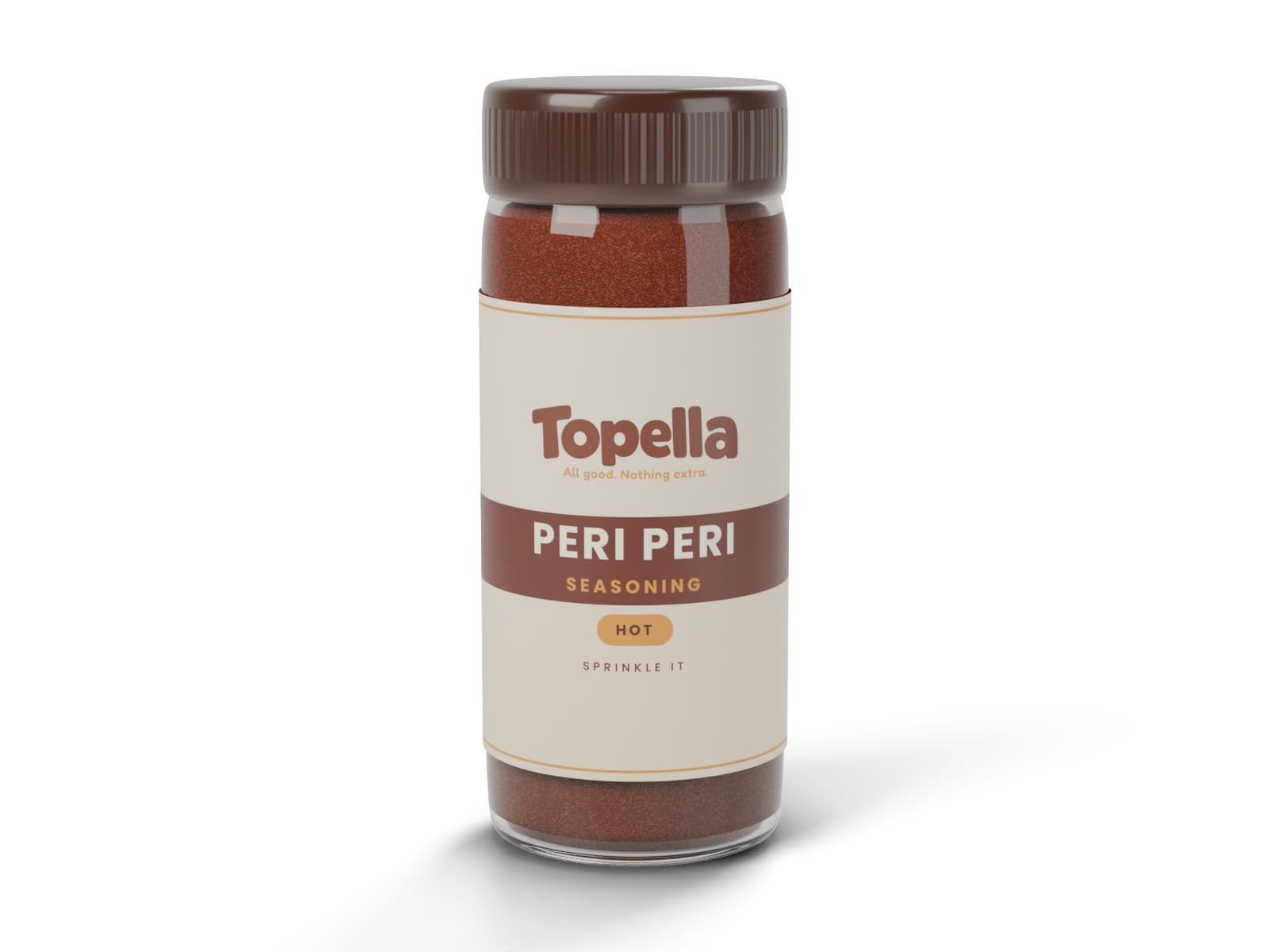 3D render of a shaker bottle of Topella Peri Peri Seasoning