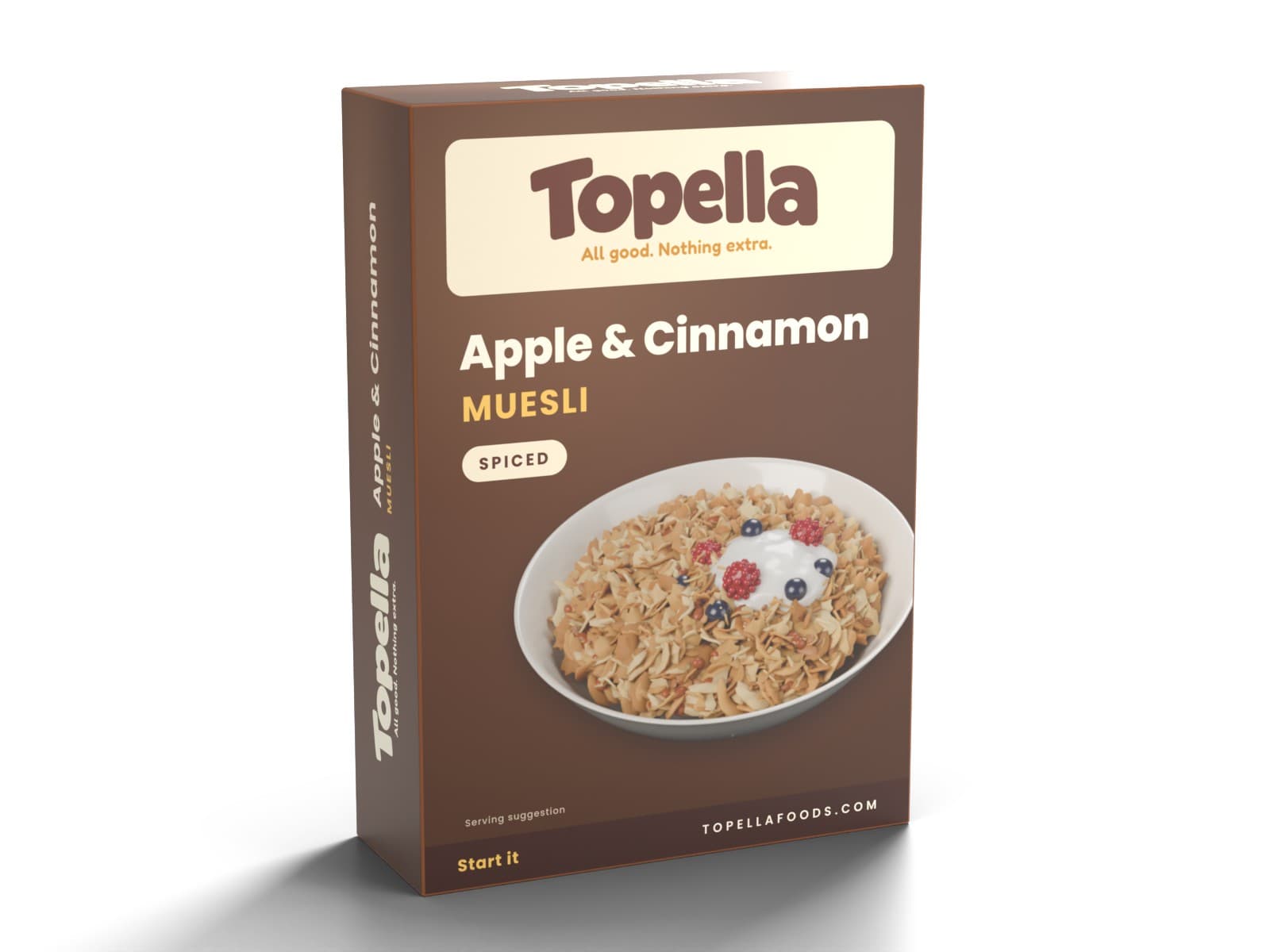 3D render of a box of Topella Apple & Cinnamon Muesli
