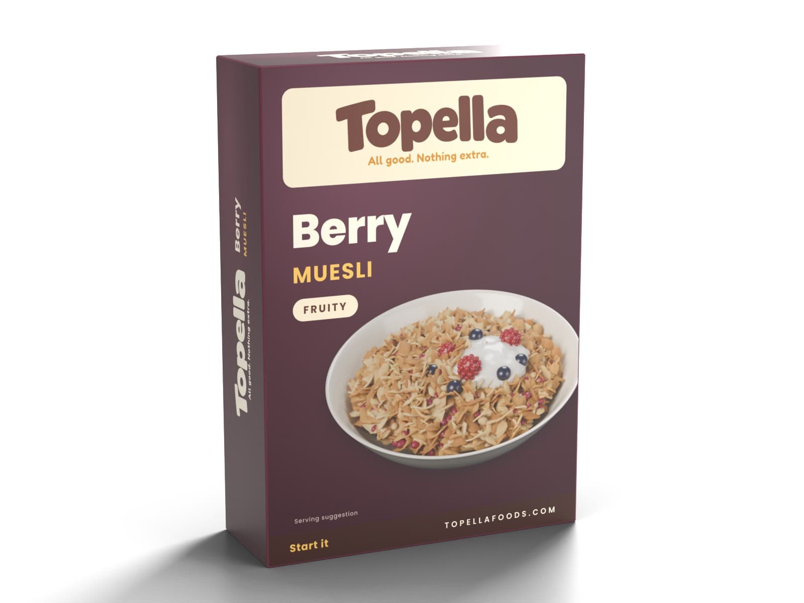 3D render of a box of Topella Berry Muesli