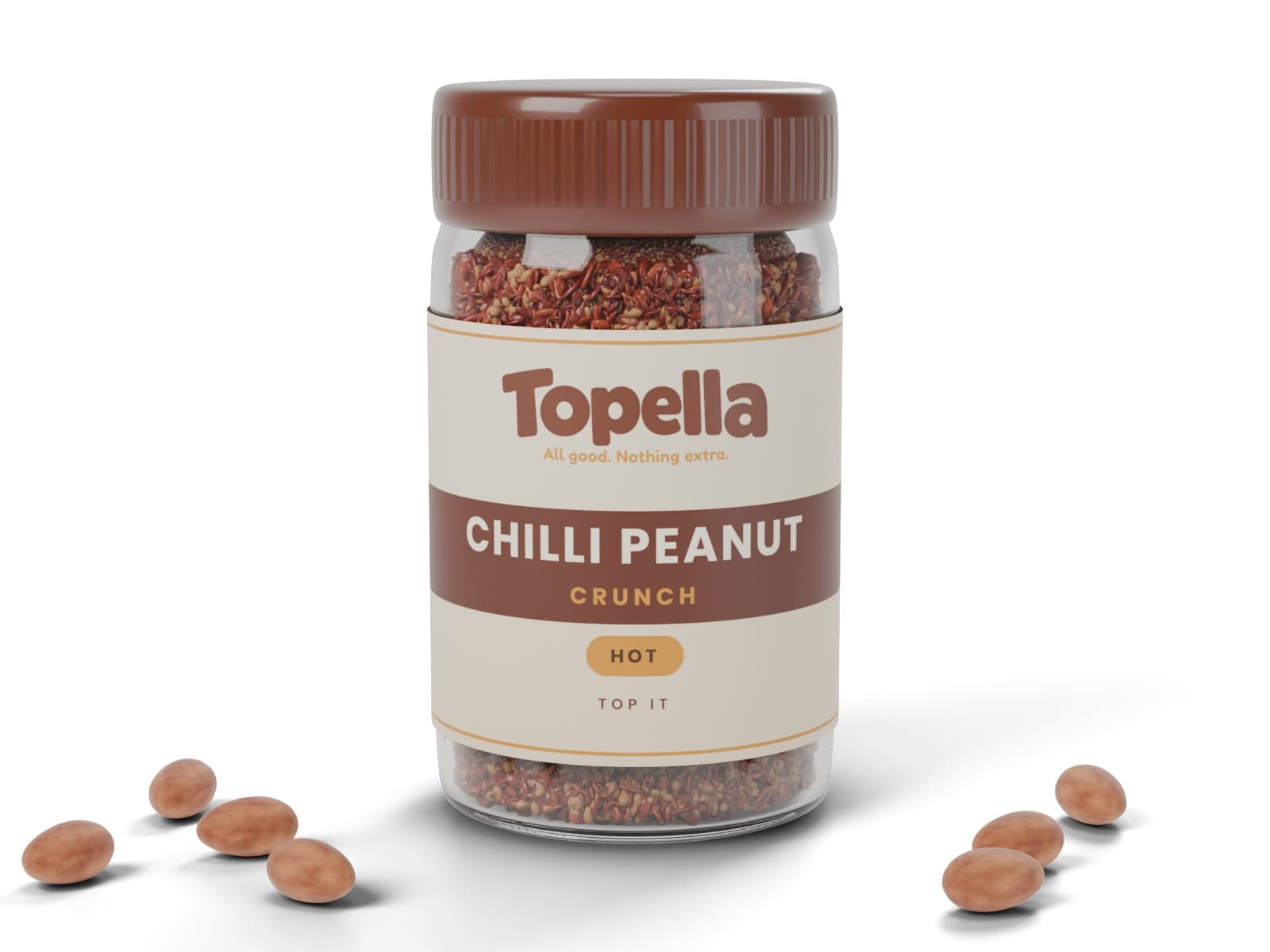 3D render of a jar of Topella Chilli Peanut Crunch