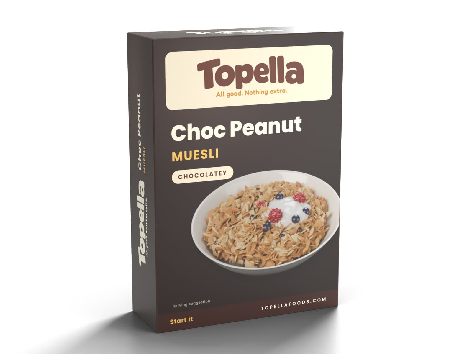 3D render of a box of Topella Choc Peanut Muesli
