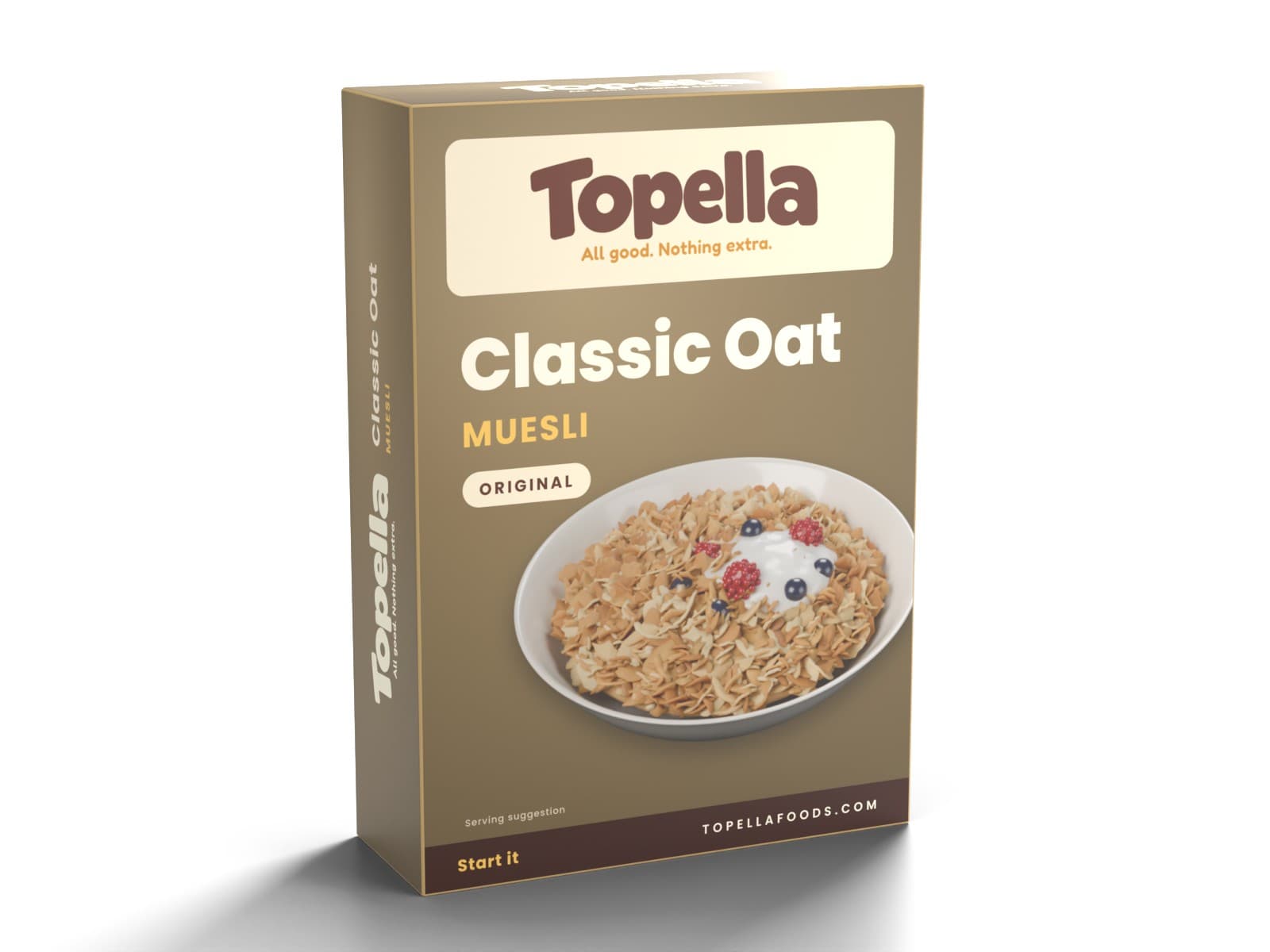 3D render of a box of Topella Classic Oat Muesli