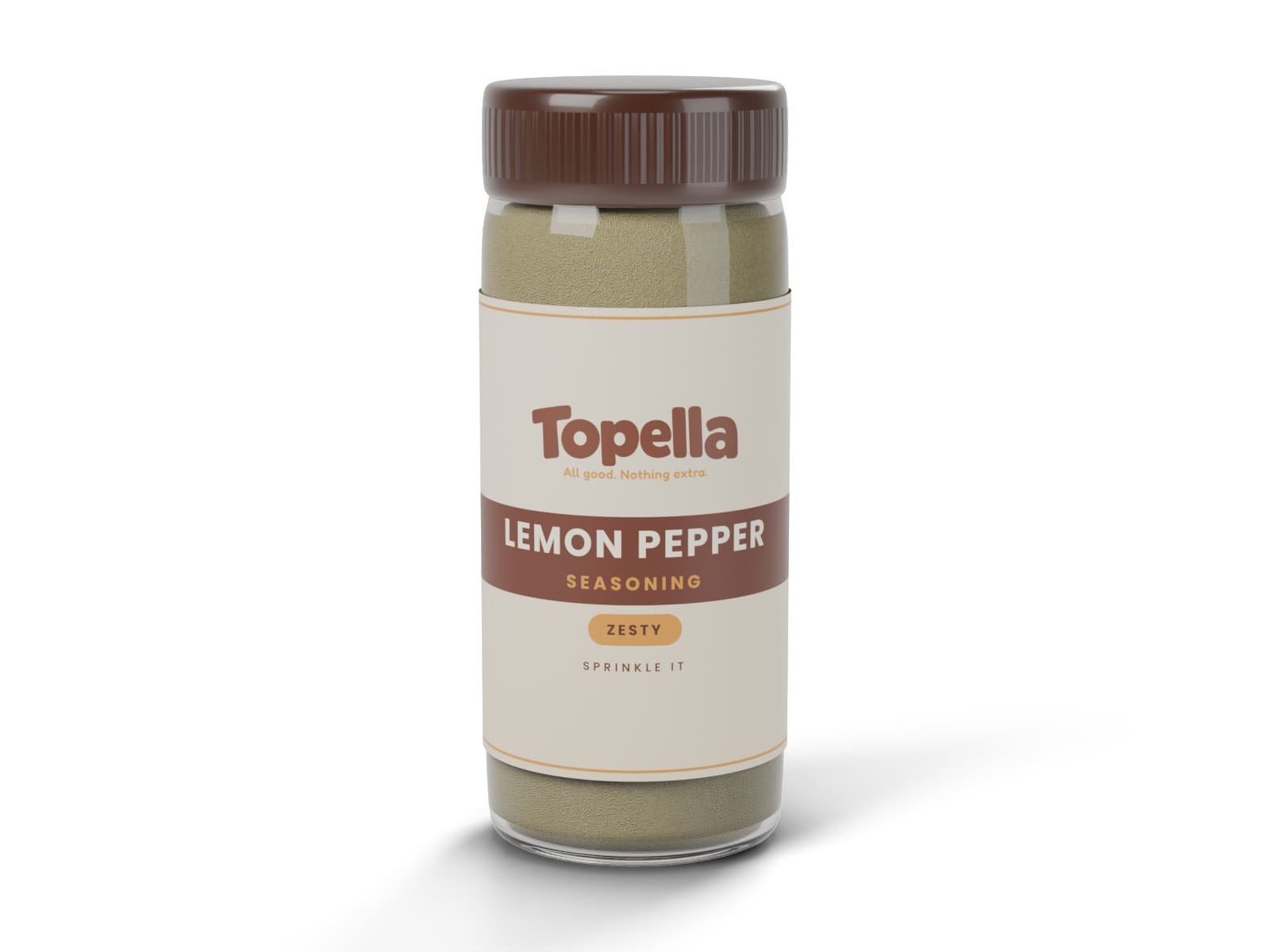 3D render of a shaker bottle of Topella Lemon Pepper Seasoning