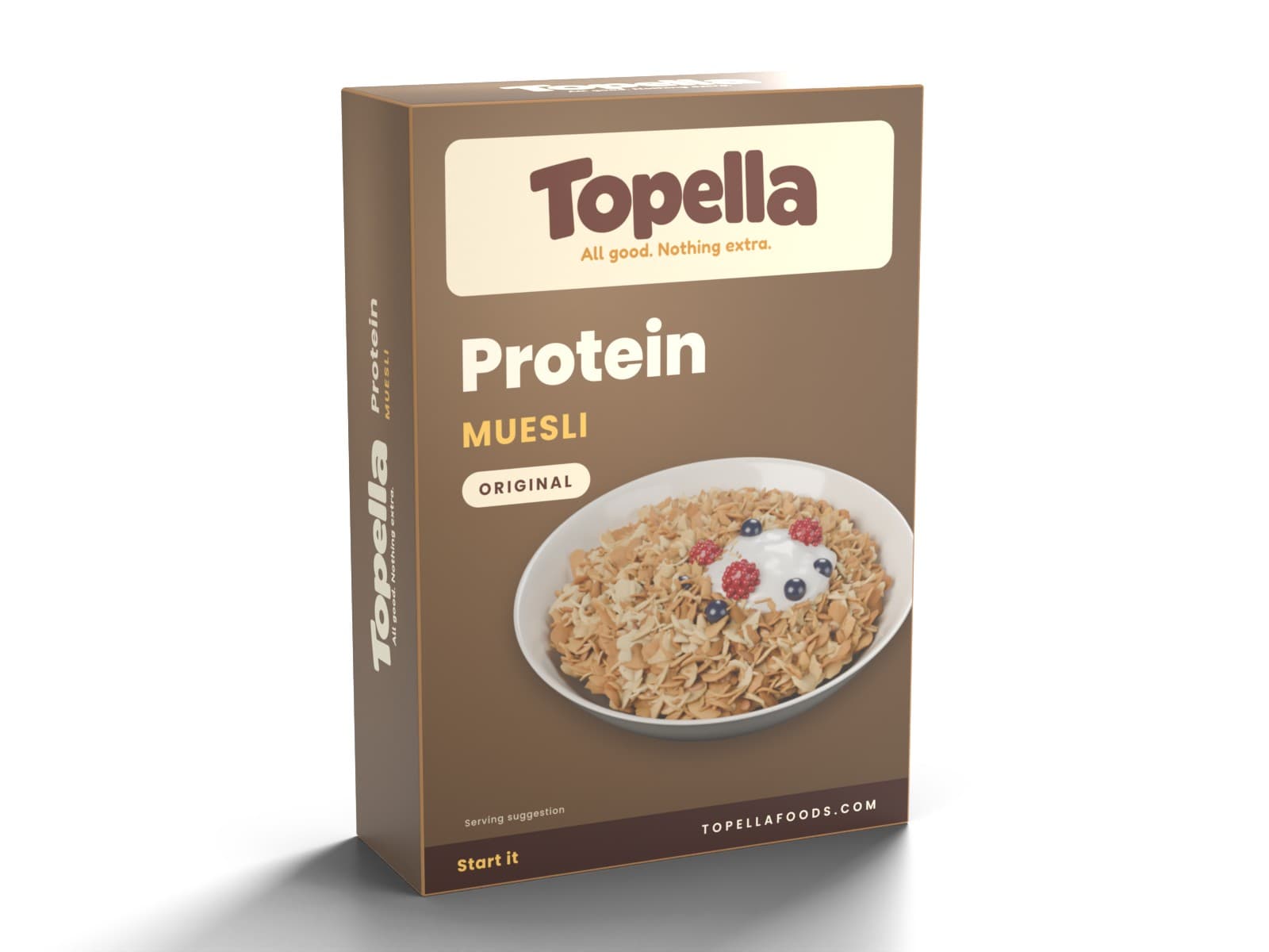 3D render of a box of Topella Protein Muesli