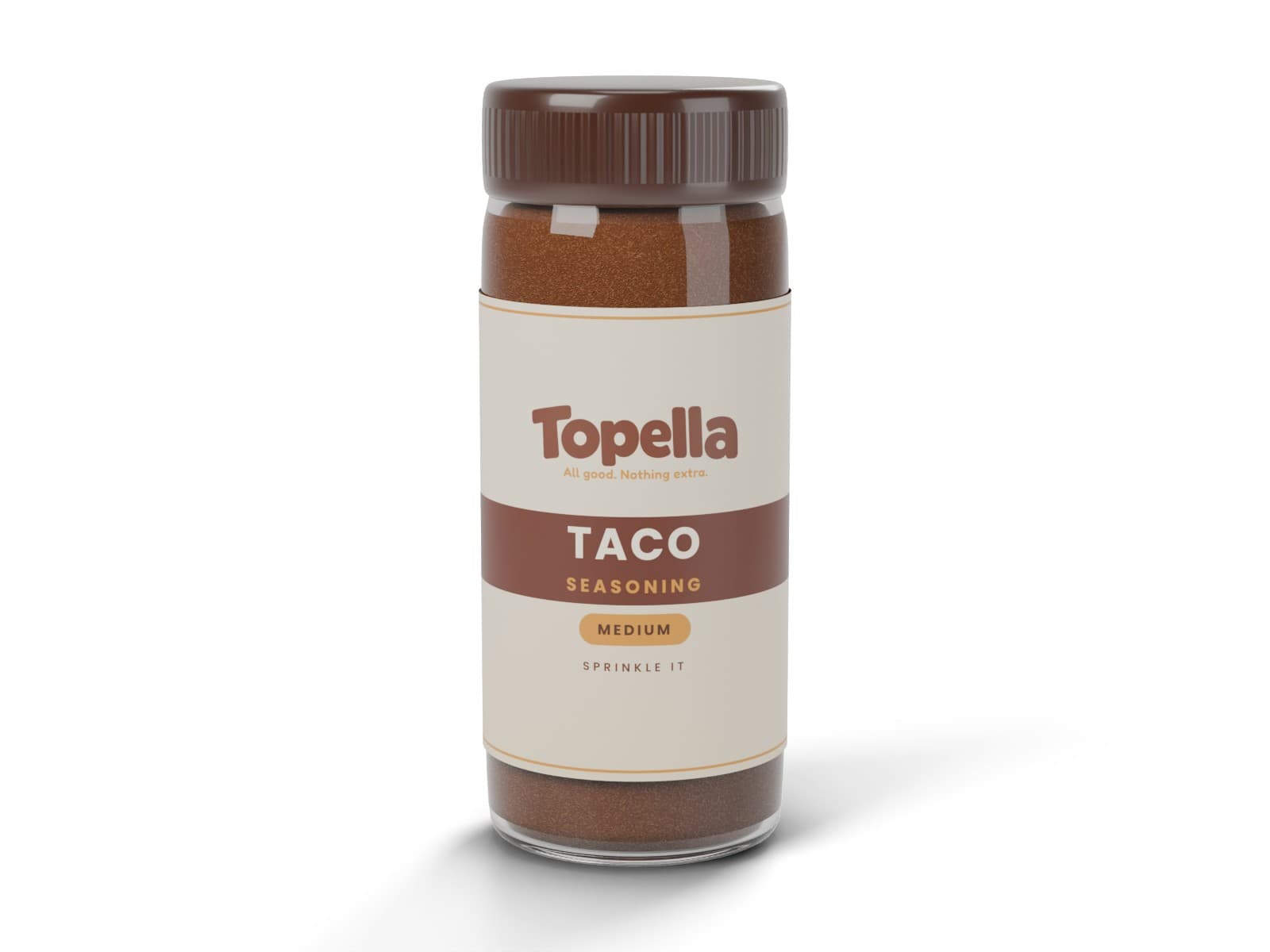 3D render of a shaker bottle of Topella Taco Seasoning