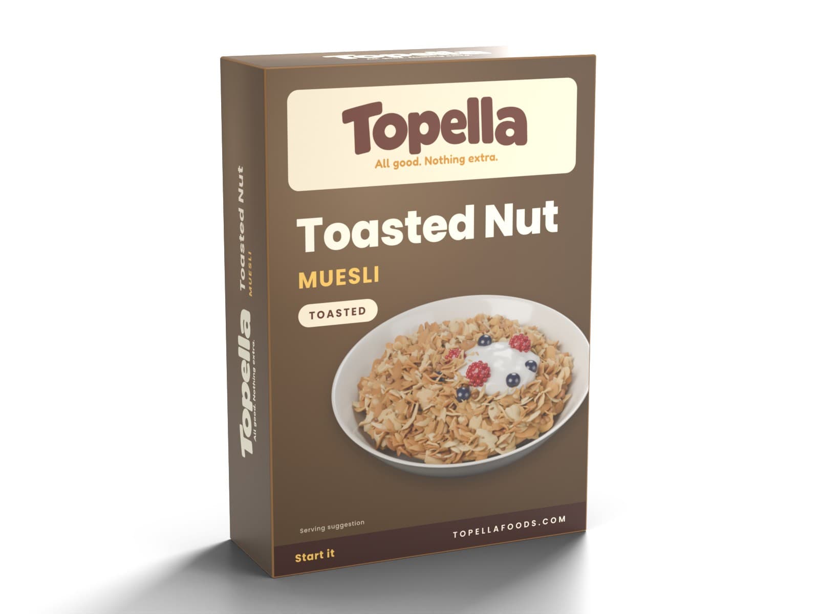 3D render of a box of Topella Toasted Nut Muesli